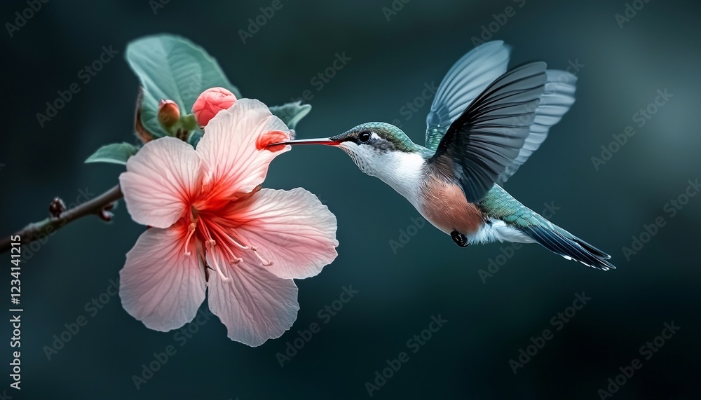 Naklejka premium Hummingbird Approaching Blossom in Soft Natural Light Setting