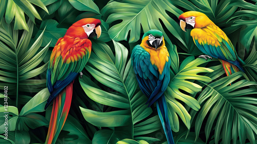 Wallpaper Mural Colorful macaws perched among vibrant green foliage in a lush tropical rainforest, showcasing the beauty of nature and its rich biodiversity Torontodigital.ca