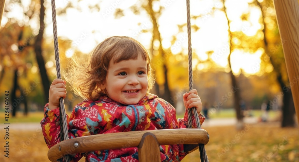 Caucasian young child smiling on swing in autumn park with colorful jacket Caucasian young child smiling on swing in autumn park with colorful jacket