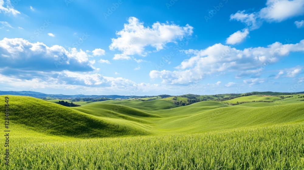 Fototapeta premium Expansive View of Lush Rolling Hills Under Bright Blue Sky