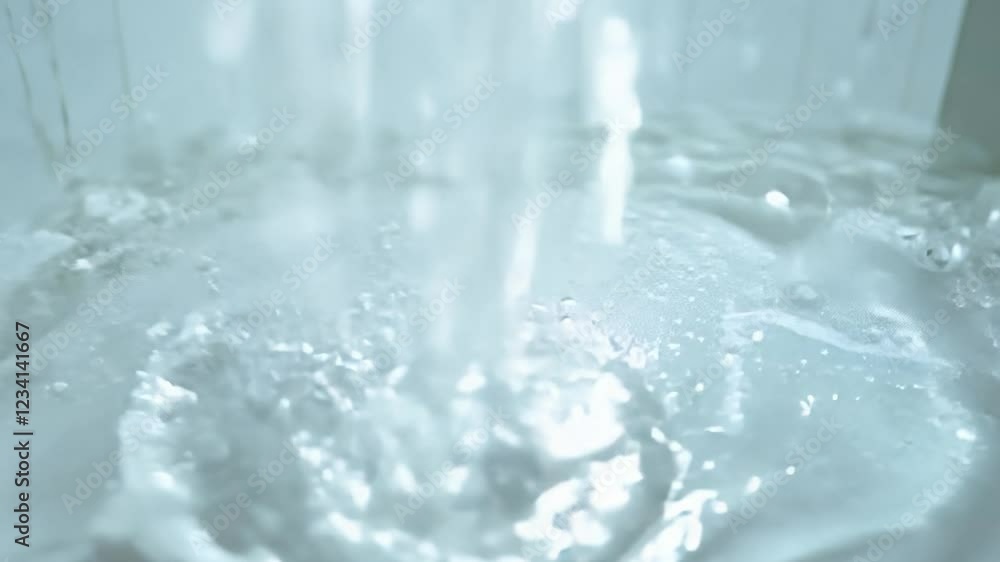 High-key lighting, soft shadows, quick pan downwards to capture the aftermath of a splash, droplets suspended, white tile, frozen moments in time High-key lighting, soft shadows, quick pan downwards to capture the aftermath of a splash, droplets suspended, white tile, frozen moments in time