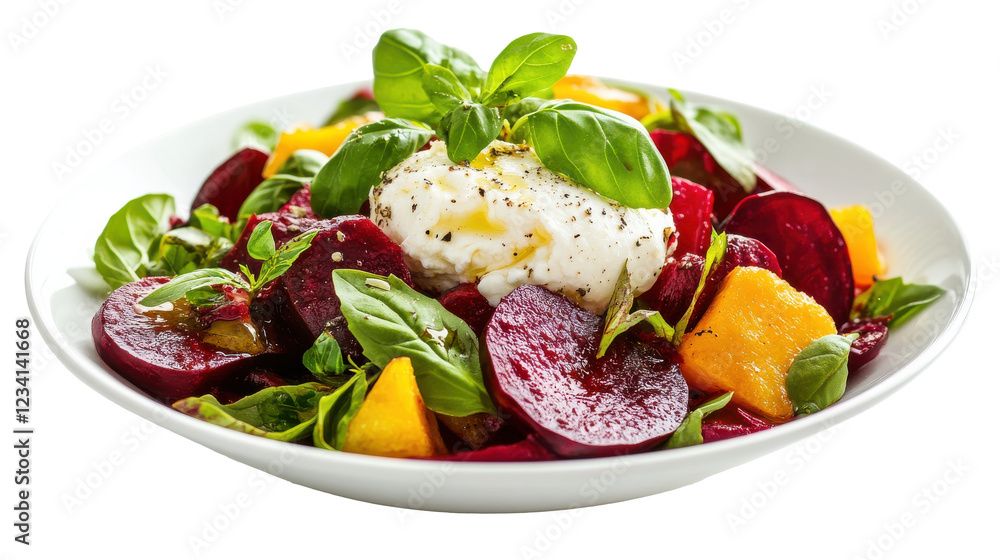 A vibrant salad features sliced beets, mango chunks, and fresh basil leaves topped with creamy burrata. The dish is brightly colored and exudes freshness, ideal for a light meal A vibrant salad features sliced beets, mango chunks, and fresh basil leaves topped with creamy burrata. The dish is brightly colored and exudes freshness, ideal for a light meal