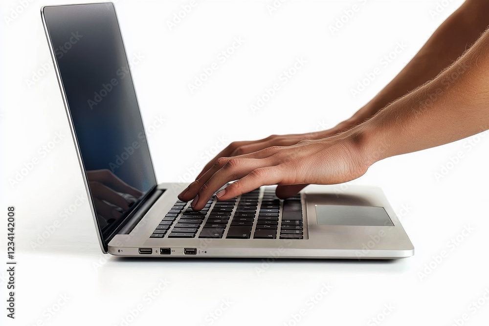 Hands typing on a laptop keyboard against a pure white background with high detail and resolution Hands typing on a laptop keyboard against a pure white background with high detail and resolution