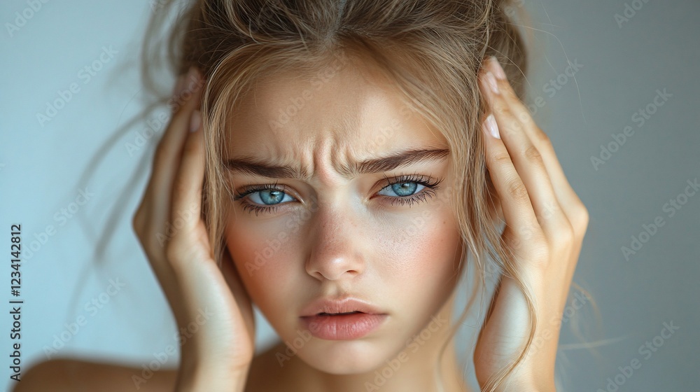Close-up portrait of a young woman expressing concern with hands on her head, soft background Close-up portrait of a young woman expressing concern with hands on her head, soft background