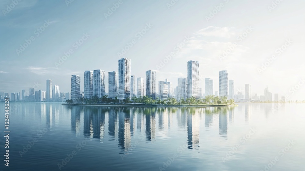Fototapeta premium Modern city skyline reflecting on calm water at sunrise; urban development