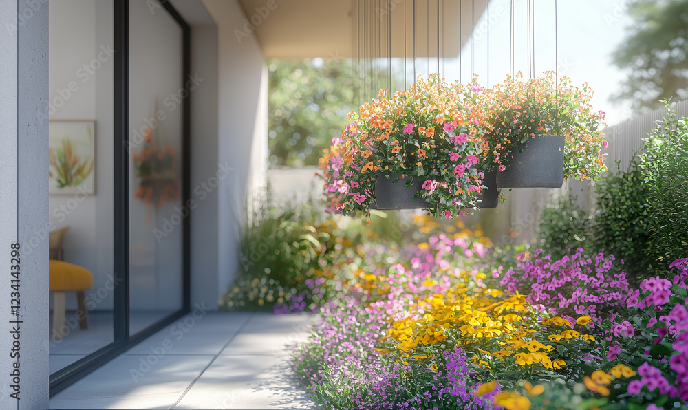 Fototapeta premium Lush garden with colorful hanging flowers and vibrant blooms near a modern patio.