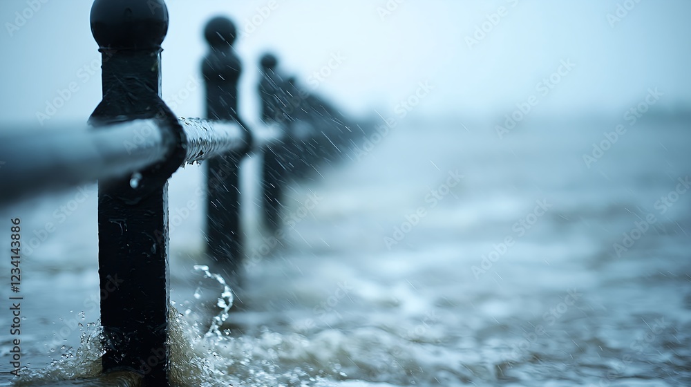 Fototapeta premium Coastal Flood with Dark Metal Fence