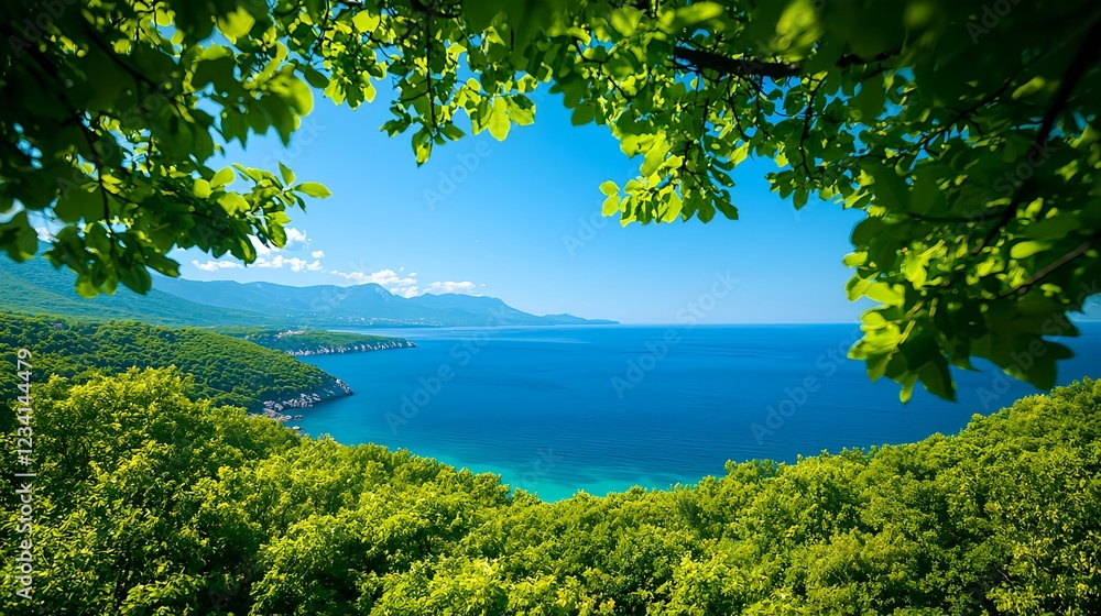 Naklejka premium Coastal Landscape with Lush Green Foliage