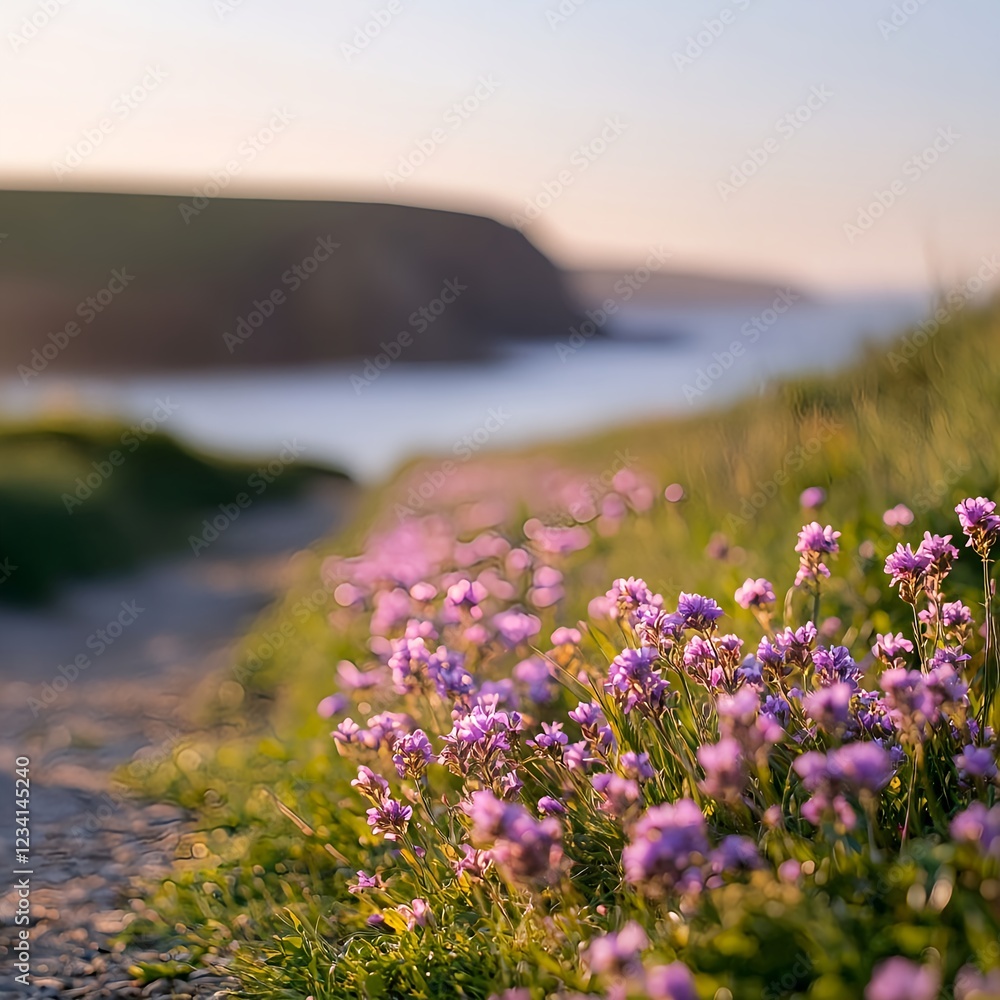 Obraz premium Coastal Path with Purple Wildflowers at Sunset