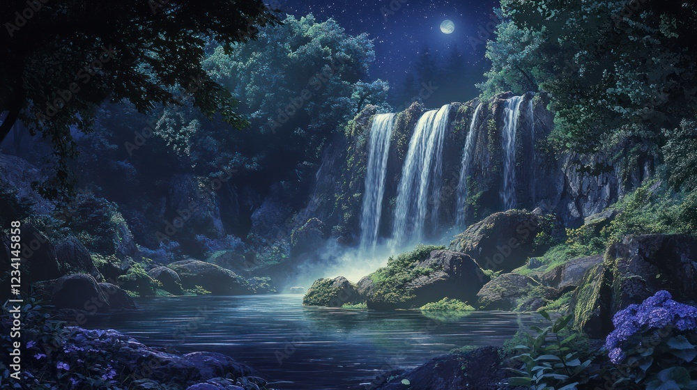 Moonlit Waterfall in Forest at Night - Peaceful Scene Moonlit Waterfall in Forest at Night - Peaceful Scene