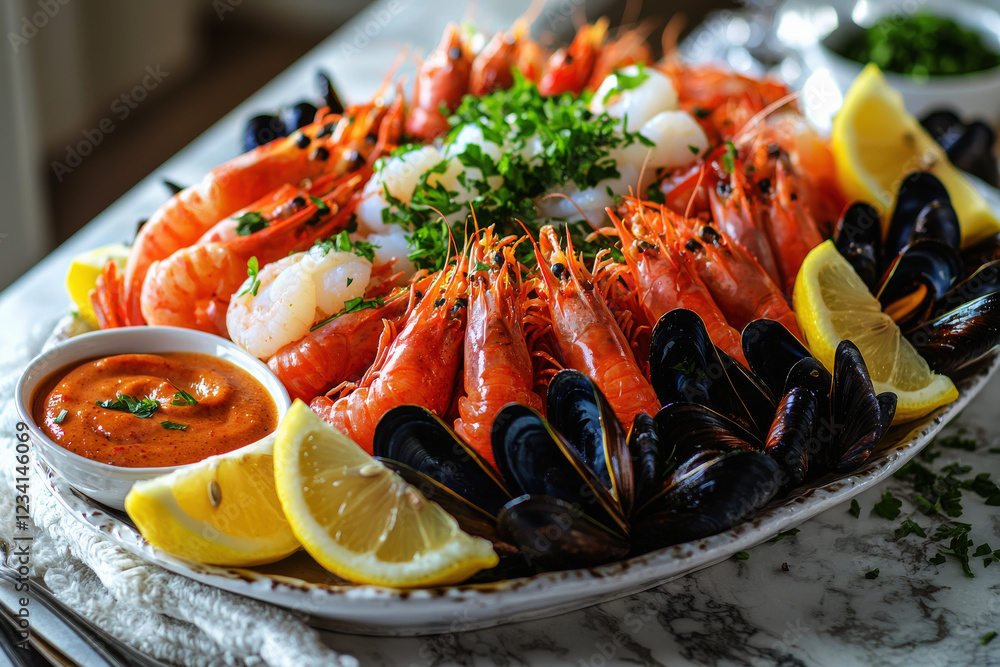 Seafood platter featuring boiled crayfish, shrimp, and mussels garnished with lemon and herbs on a marble countertop Seafood platter featuring boiled crayfish, shrimp, and mussels garnished with lemon and herbs on a marble countertop