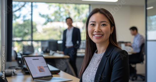 Confident Young Woman Working on Laptop in Modern Office – Professional Team Collaboration with Positive Work Environment