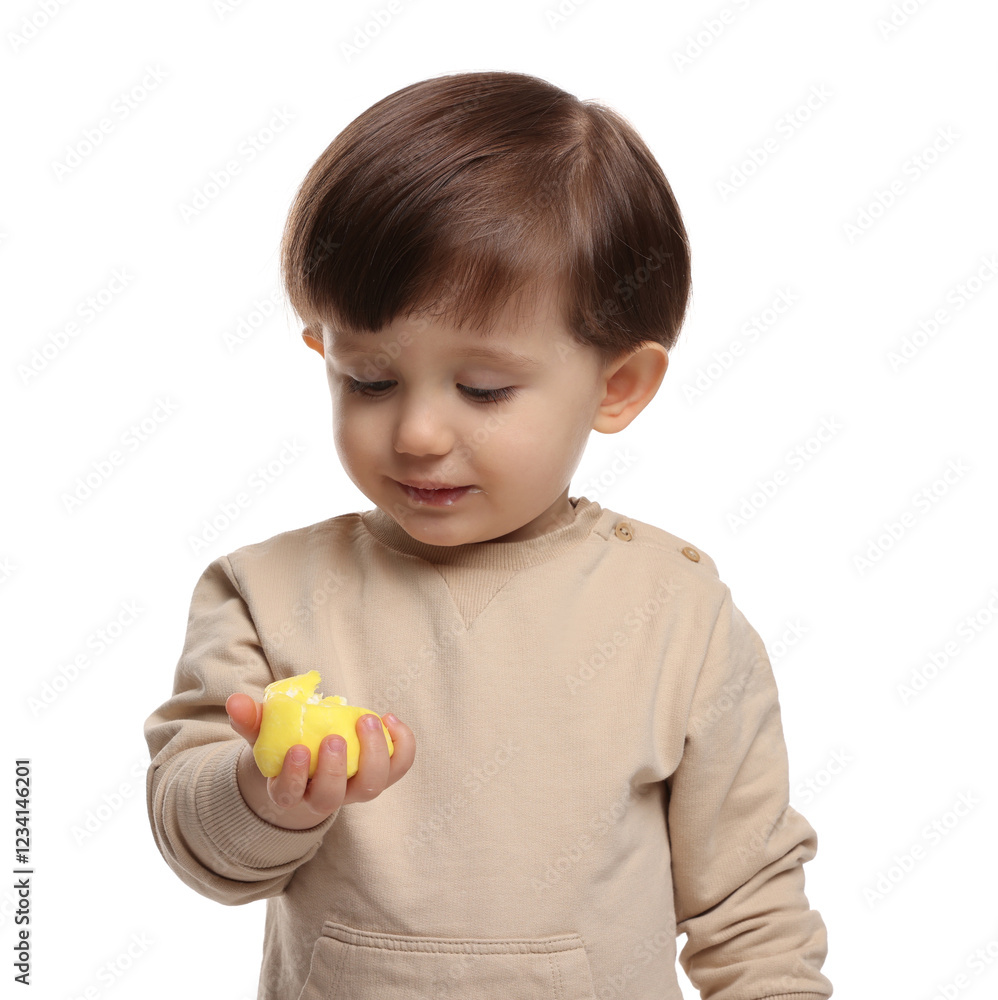 Cute little child with tasty mochi on white background Cute little child with tasty mochi on white background