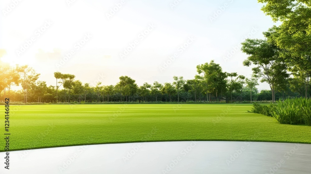 Naklejka premium Golf course landscape at a golf club with lush green grass and sand traps under a clear blue sky