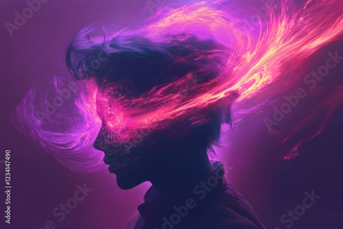 Surreal Side Profile of a Person with Radiating Neon Swirls and Fractal Energy Representing Overwhelming Anxiety. Mental health issue 