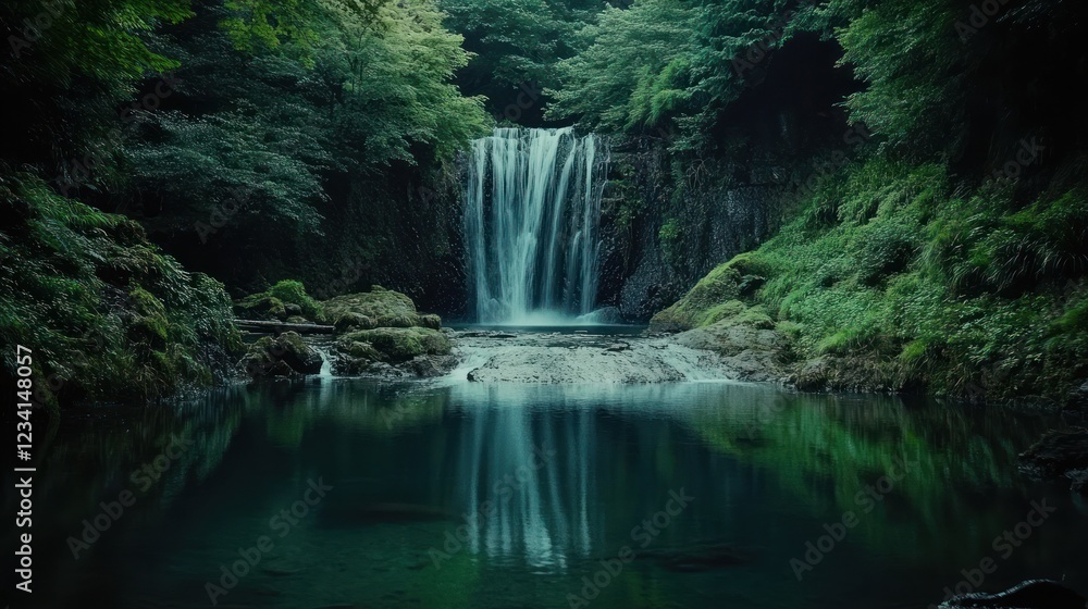 Naklejka premium Serene waterfall cascades into tranquil pool, lush forest backdrop, nature serenity, travel imagery