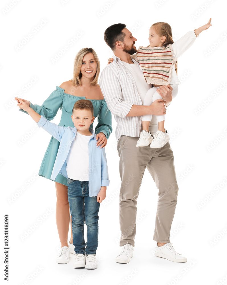 Fototapeta premium Happy parents with their children on white background