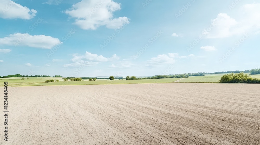 Vast green field under a bright blue sky with fluffy white clouds in a clear sunny day landscape Vast green field under a bright blue sky with fluffy white clouds in a clear sunny day landscape