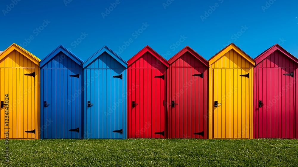 Fototapeta premium Colorful Beach Huts on Green Grass