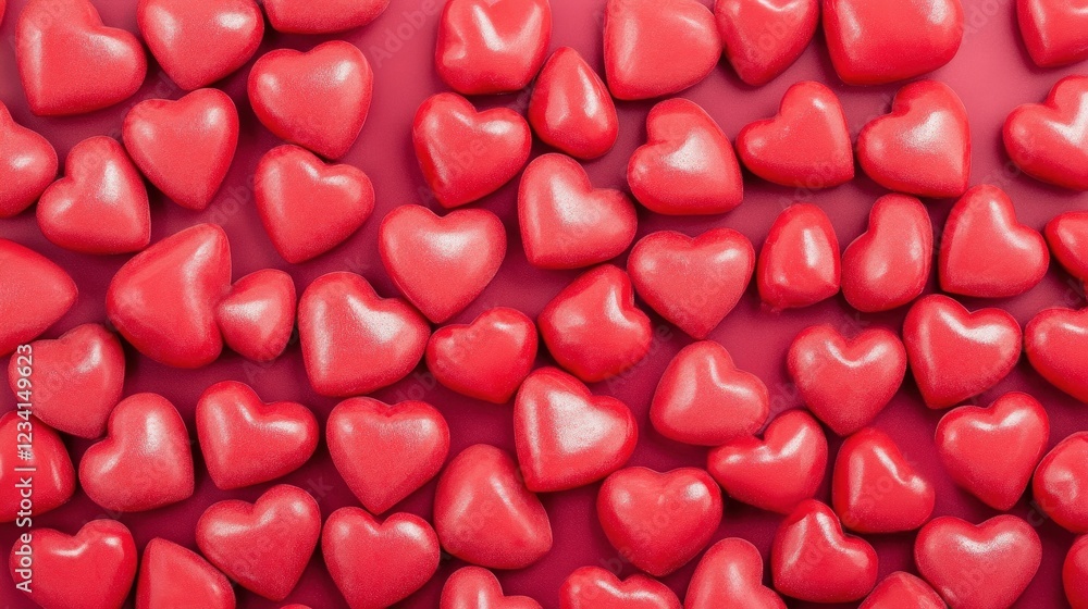 Numerous red hearts scattered on a soft pink background creating a romantic design concept Numerous red hearts scattered on a soft pink background creating a romantic design concept