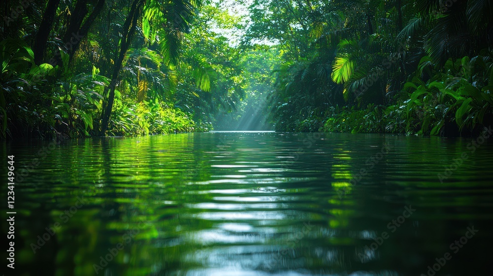 Obraz premium Serene Jungle River: A Tranquil Escape into Lush Greenery