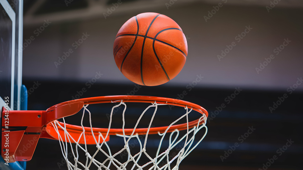 Fototapeta premium Basketball mid air, approaching vibrant red hoop, blurred indoor court
