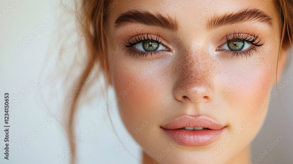 Close-up portrait of a young woman with freckles and natural makeup. Close-up portrait of a young woman with freckles and natural makeup.