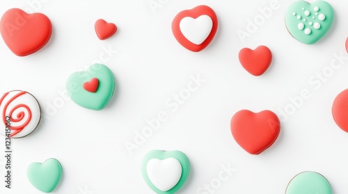 Colorful hearts of various sizes arranged on a white background creating a vibrant pattern