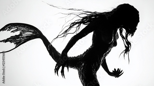 Silhouette of monstrous mermaid, ocean background, fantasy art, book cover photo