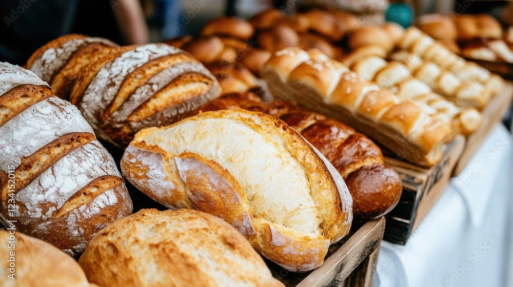 Freshly baked artisan breads displayed on a market table with customers in the background Freshly baked artisan breads displayed on a market table with customers in the background