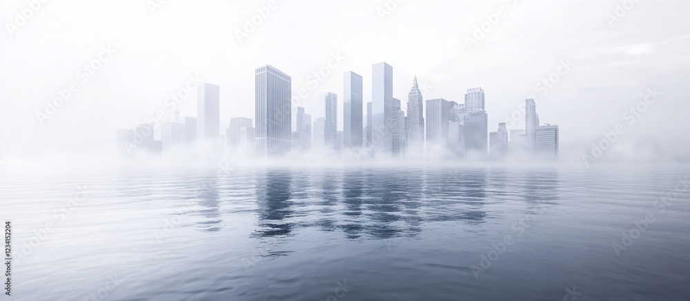 Fototapeta premium Foggy city skyline reflected in calm water, background sky