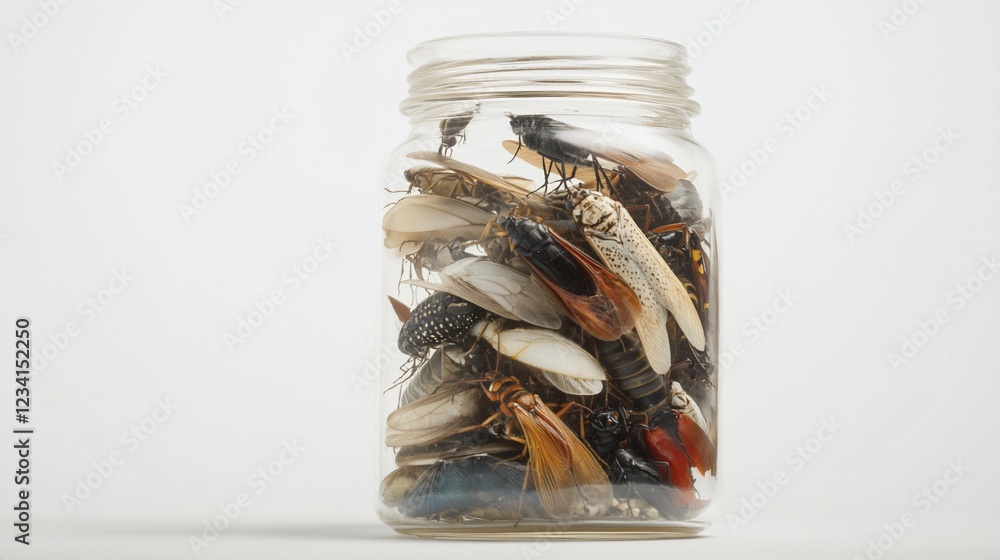 Insects in Glass Jar, White Background, Studio Shot, Entomology Collection Insects in Glass Jar, White Background, Studio Shot, Entomology Collection