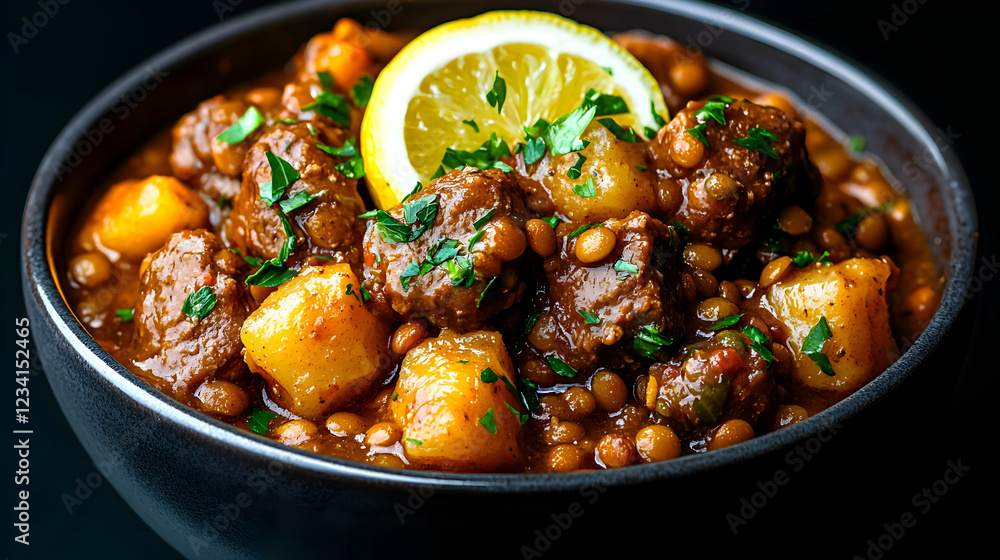 Hearty lentil stew with beef and potatoes, close-up Hearty lentil stew with beef and potatoes, close-up