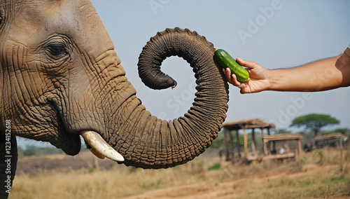 Elephants trunk curled around cucumber, savannah landscape in the background