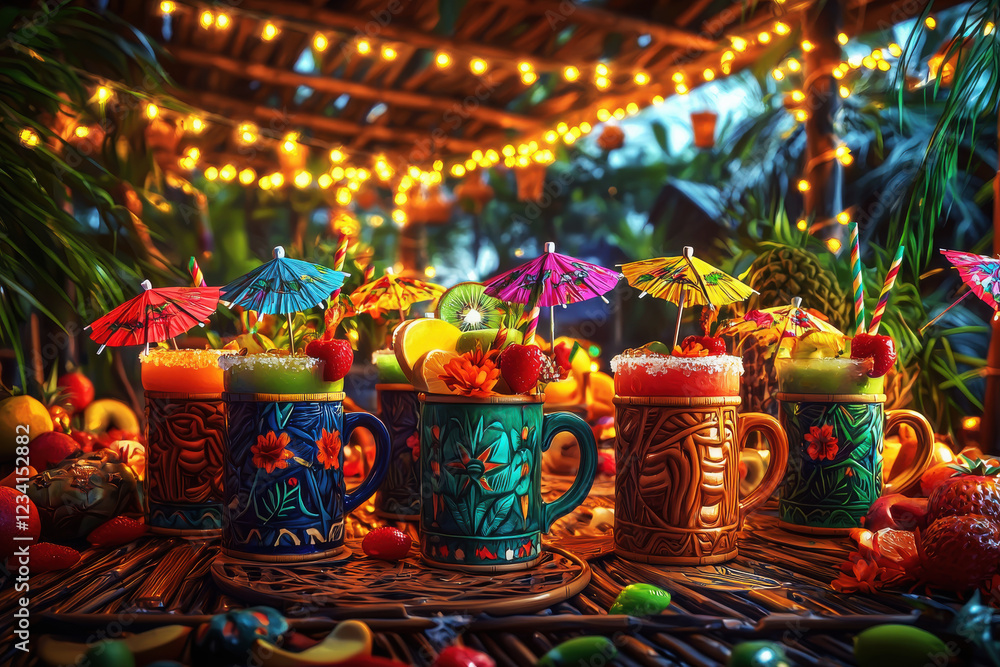 Obraz premium Vibrant tiki bar with colorful cocktails and lush decor creates a festive atmosphere at sunset