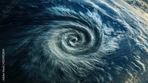 White and dark blue clouds swirl in the sky like a giant tornado. Viewed from above, the vortex travels through the atmosphere. photo