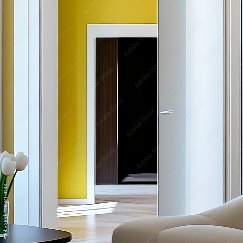 Fototapeta premium Bright Modern Interior with White Doors and Yellow Accent Wall