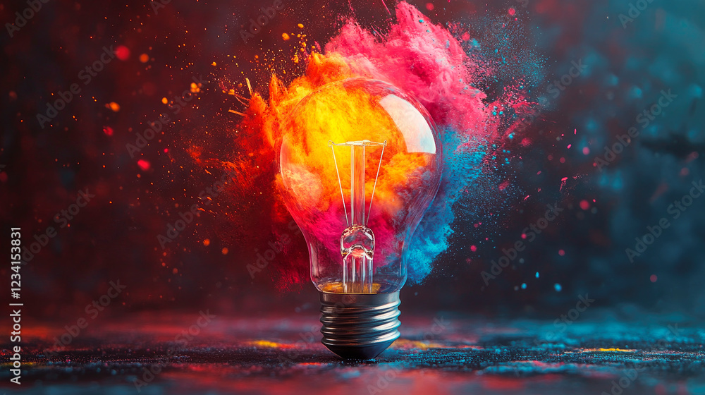 A creative light bulb explodes with colorful paint. New idea concept.