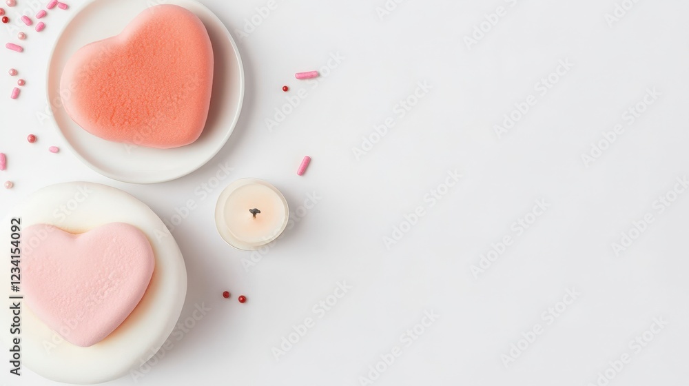 Two heart shaped marshmallows on a white plate with a simple background for sweet treat imagery Two heart shaped marshmallows on a white plate with a simple background for sweet treat imagery