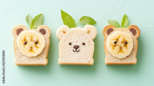 Healthy Snack Options for Kids concept. Cute bear-shaped sandwiches decorated with banana slices and green leaves, ideal for children's meals or fun snacks. photo