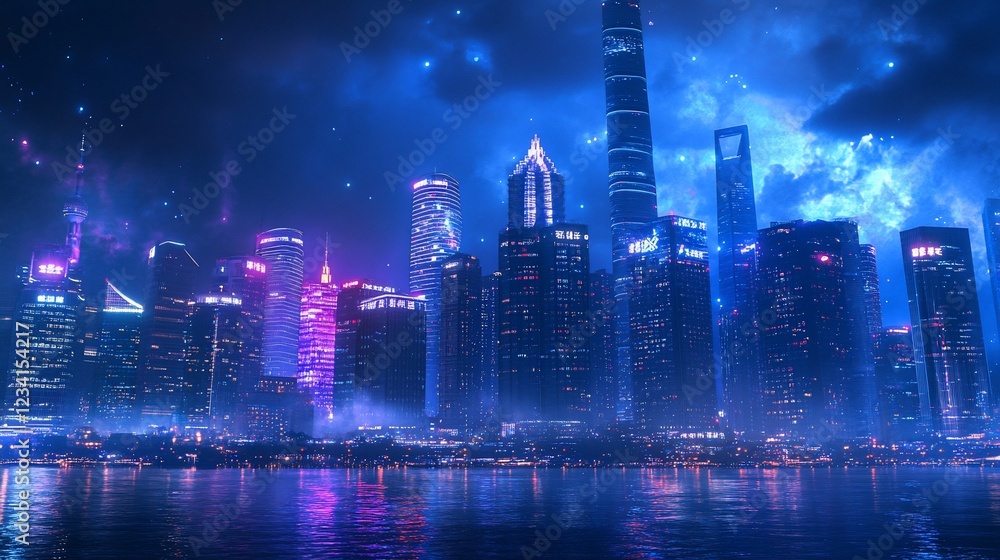 Obraz premium Nighttime urban cityscape with neon lights reflecting on the water below creating a vibrant scene