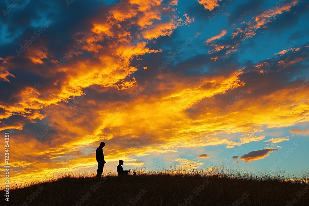 Obraz premium Man proposing at sunset with vivid sky backdrop.