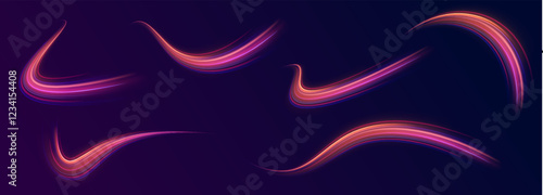 Creative vector illustration of flying cosmic meteor, planetoid, comet, fireball isolated on transparent background. Effect, png, wave,neon,line. Light arc in neon colors, in the form of a turn.