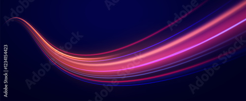 Creative vector illustration of flying cosmic meteor, planetoid, comet, fireball isolated on transparent background. Effect, png, wave,neon,line. Light arc in neon colors, in the form of a turn.