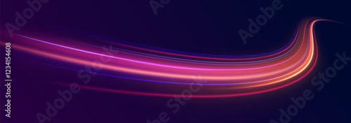  Light arc in neon colors, in the form of a turn. Creative vector illustration of flying cosmic meteor, planetoid, comet, fireball isolated on transparent background. Effect, png, wave,neon,line.