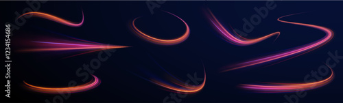  Light arc in neon colors, in the form of a turn. Creative vector illustration of flying cosmic meteor, planetoid, comet, fireball isolated on transparent background. Effect, png, wave,neon,line.