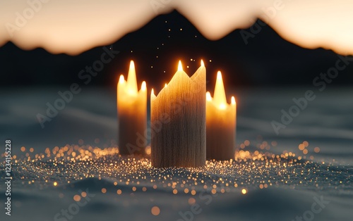 Serene Candlescape Illuminated Winter Scene with Three Lit Candles on Glittering Snow Mountain photo