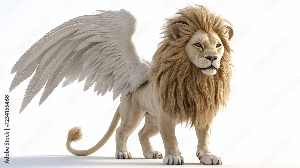 Fototapeta premium Winged lion, fantasy creature, white background, digital art, mythical design