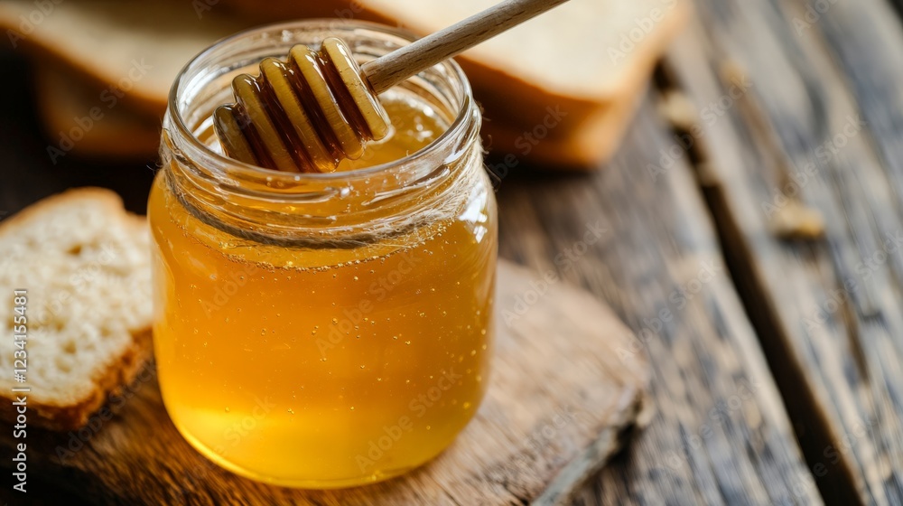 A close-up of a jar of organic honey with a dipper and a slice of bread A close-up of a jar of organic honey with a dipper and a slice of bread