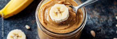 A close-up of a jar of organic almond butter with a spoon and a slice of banana photo